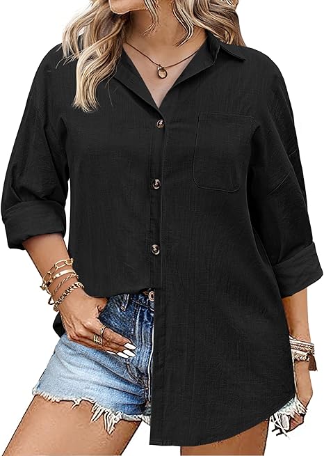 Photo 1 of IN'VOLAND Womens Plus Size Linen Button Down Shirts Long Sleeve Cotton Casual Collared Shirt Loose Blouses Tops with Pocket