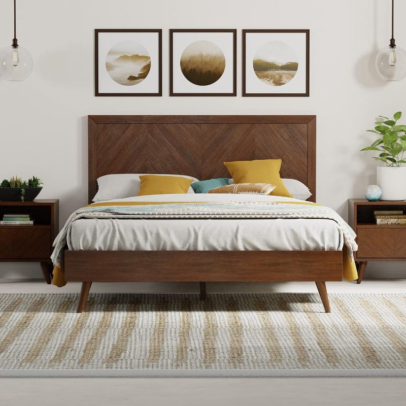 Photo 1 of eLuxurySupply Mahogany Wood Platform Bed Frame with Headboard - California King, Walnut