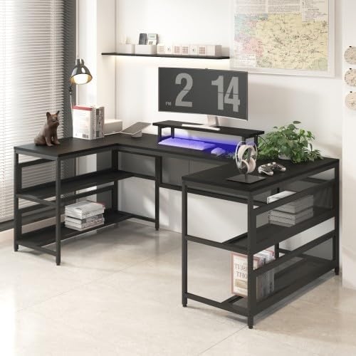 Photo 1 of  Gaming U-Shaped Shelve and LED Lights,Sturdy, Convenient for Storage, Reversible Wood and Metal Corner Desk for Home Office? bedrooms, Study Rooms, with Enough Space use?Black