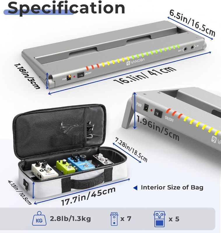 Photo 1 of Vangoa Guitar Pedal Board with Built-in Isolated Power Supply, VPPD-S Aluminum Small Portable Folding Powered Guitar Pedalboard with Carry Bag, 2.8lb, Gray