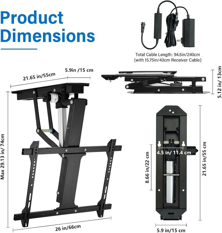 Photo 2 of TOPSKY Electric Adjustable Ceiling TV Mount with Remote, Motorized Flip Down Pitched Roof TV Mount for 32 to 70 Inch Flat and Curved Screen TVs (Black)
