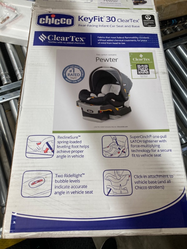 Photo 3 of Chicco KeyFit 30 ClearTex Infant Car Seat and Base, Rear-Facing Seat for Infants 4-30 lbs, Includes Infant Head and Body Support, Compatible with Chicco Strollers, Baby Travel Gear | Pewter/Grey Pewter KeyFit 30 with Cleartex Fabric