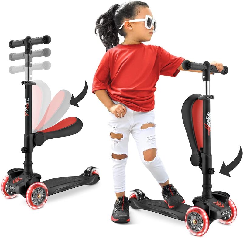 Photo 1 of Hurtle 3-Wheeled Scooter for Kids - Wheel LED Lights, Adjustable Lean-to-Steer Handlebar, and Foldable Seat - Sit or Stand Ride with Brake for Boys and Girls Ages 1-14 Years Old
