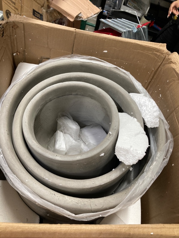 Photo 1 of 17.3 in., 13.4 in. & 10.6 in. H Round Weathered Concrete Planter, Outdoor Indoor Large Containers w/Drainage Holes Set-3