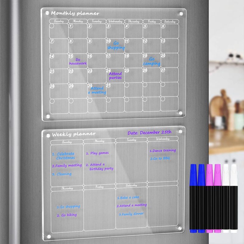 Photo 1 of AITEE Acrylic Magnetic Monthly and Weekly Calendar for Fridge, Clear Set of 2 Dry Erase Board Calendar for Fridge Reusable Planner, Includes 6 Dry Erase Markers With 3 Colors(16"x12"Inches)
