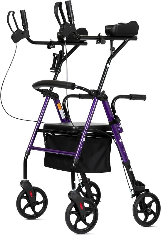 Photo 1 of ELENKER Upright Walker, Stand Up Rollator Walker with Padded Seat and Backrest, Lightweight, Compact Folding, Fully Adjustment Frame for Seniors, Purple