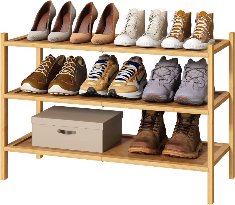 Photo 1 of 3-Tier Shoe Rack for Entryway, Bamboo Wood Shoe Rack, Free Standing Shoe Racks for Indoor & Outdoor, Stackable Shoe Organizer for Closet