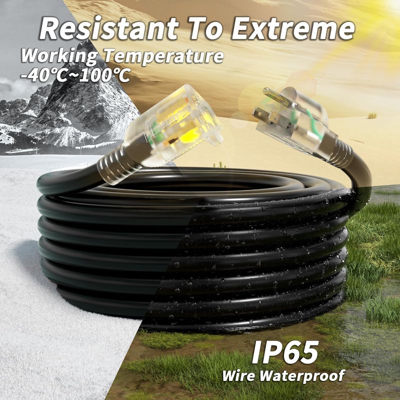 Photo 1 of 16/3 Gauge 200 ft Extension Cord Outdoor Black Waterproof, Cold Weatherproof -58°F, Flame Retardant, Flexible 3 Prong Heavy Duty Electric Cord for Lawn Office,10A 1250W 16AWG SJTW, ETL Listed