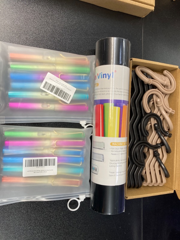 Photo 1 of MISC OFFICE SUPPLY BUNDLE//COLORFUL PENS WITH TIPS, VINYL FOR CIRCUIT MACHINE AND HANGER ORGANIZER