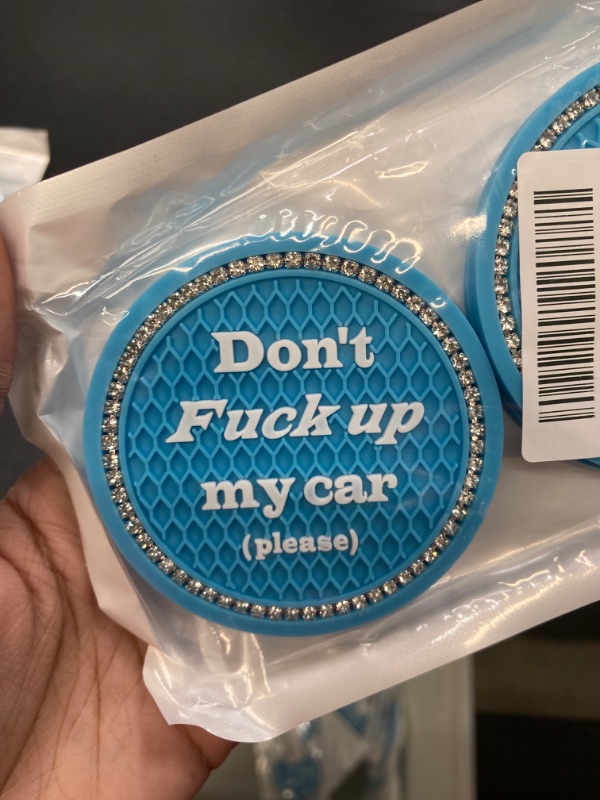 Photo 3 of 4 PACK BUNDLE//4PCS Car Cup Holder Coasters, Silicone Non-Slip Bling Rhinestone Car Coasters, Personality Minimalist Letter Don't Fuck up My car Please, Car Interior Accessories, Suitable for Most Cars (Light Blue)