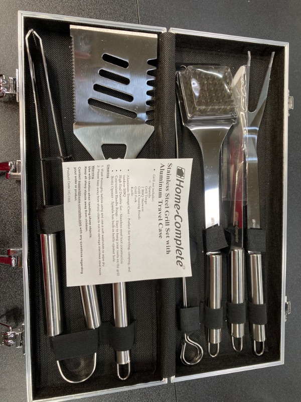Photo 1 of 7-Piece Stainless-Steel BBQ Cooking Utensils Set - Barbecue Grill Accessories with Aluminum Portable Handled Storage Case by Home-Complete (Silver) 7 pc BBQ Grill Accessories Set