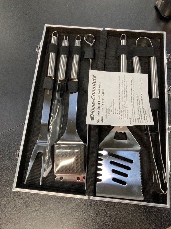 Photo 1 of 7-Piece Stainless-Steel BBQ Cooking Utensils Set - Barbecue Grill Accessories with Aluminum Portable Handled Storage Case by Home-Complete (Silver) 7 pc BBQ Grill Accessories Set