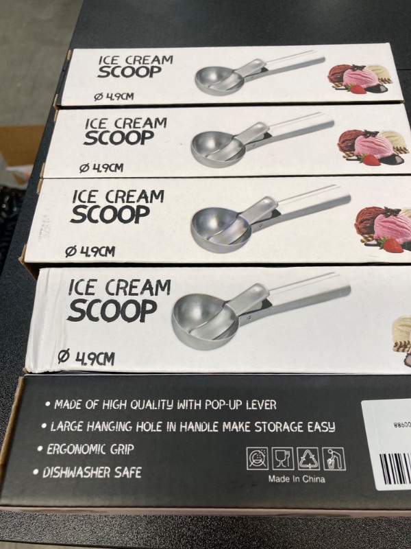 Photo 4 of 5 PACK BUNDLE//Ice Cream Scoop Stainless Steel Ice Cream Scooper Metal Ice Cream Scoops with Trigger, Perfect for Frozen Yogurt, Gelatos, Sundaes (Silver) Medium Silver