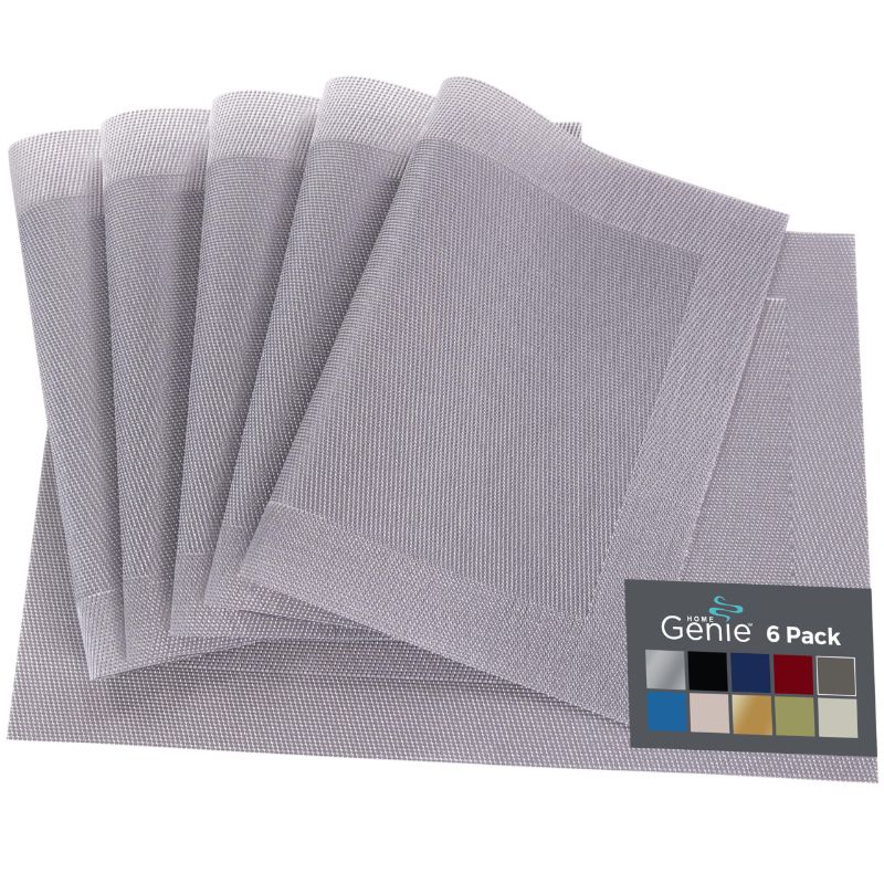 Photo 1 of 2 PIECE BUNDLE! Home Genie Heat Resistant Placemats Set of 6, Dining Room Table Mats, Protect Surfaces, Woven Placemat Setting for Dinner Washable Vinyl Food Grade Mat, Kitchen Decor Accessories, Size 18x12, Silver Silver Gray 6