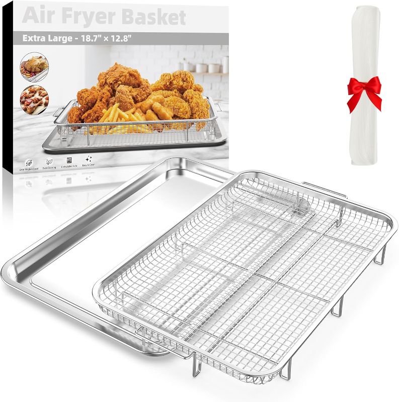 Photo 1 of Air Fryer Basket for Oven, Extra Large 18.6" x 12.8" Oven Air Fryer Basket and Tray Set with 30 PCS Parchment Papers, Demaxia Stainless Steel Air Fryer Pan and Crisper Tray (Silver)