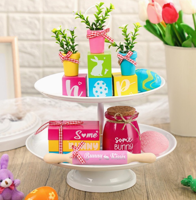 Photo 1 of 2 PIECE BUNDLE! 12 pcs easter tiered tray decor easter stacking blocks glass jar easter flowers rolling pin easter table centerpieces spring table wooden sign decoration for home table kitchen party holiday