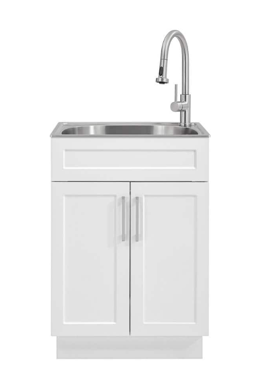 Photo 1 of 24 in. W Drop-In Stainless Steel Laundry Sink with Faucet and White Storage Cabinet *Damaged*