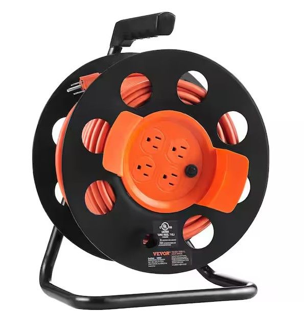 Photo 1 of 100 ft. 14AWG/3C 13 Amp Extension Cord Reel SJTOW Power Cord with 4 Outlets, Dust Cover, Handle Circuit Breaker for Home