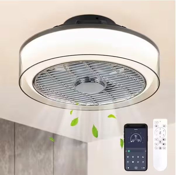 Photo 1 of 16 in. Indoor Smoky Gray Low Profile Ceiling Fan with Dimmable LED Light Flush Mount Bedroom Ceiling Fan with Remote