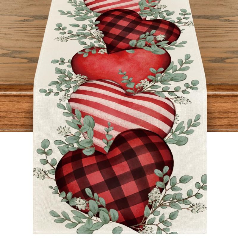 Photo 1 of *** BUNDLE X 2 *** Artoid Mode Eucalyptus Hearts Valentine's Day Table Runner, Anniversary Holiday Kitchen Dining Table Decoration for Home Party Decor 13x36 Inch 13" x 36", Table Runner Red