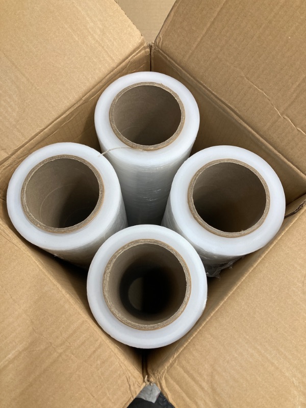 Photo 2 of ACYPAPER, 18" Stretch Film/Wrap 1500 feet 80 Gauge Industrial Strength, up to 800% Stretch 20 Microns Clear Cling Durable Adhering Packing Moving Packaging Heavy Duty Shrink Film (4 Rolls/Box)