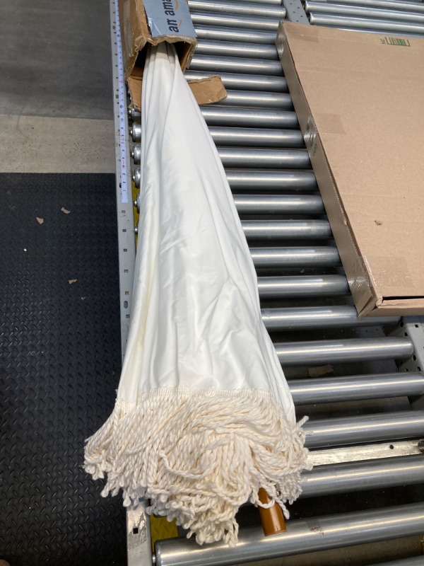 Photo 1 of AMMSUN 7ft Patio Umbrella with Fringe Outdoor Yard Umbrella UPF50+ Wood Color Steel Pole and Steel Ribs Push Button Tilt