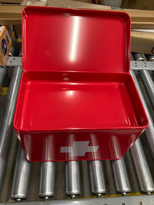 Photo 1 of Funly mee Vintage First aid Box for Home, Medicine Tin, Red Metal Medicine Storage Box (Large 12.6× 8.3×7.7 inches) Red 1 Count (Pack of 1)
