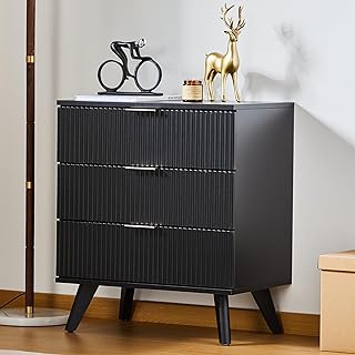 Photo 1 of 3 Drawer Dresser with Waveform Panel, Modern Closet Dressers Chest of Drawers, Wood Storage Dresser Chest of Drawers for Bedroom Living Room Hallway Closet(Black)