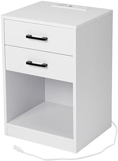 Photo 1 of 40 * 35 * 60cm Particleboard Pasted Triamine Two Drawers with Socket with Light Bedside Table (White)