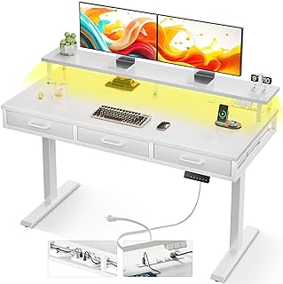 Photo 1 of AODK 47 Inch Electric Standing Desk with 3 Drawers, White, Height Adjustable Desk with Power Outlets & LED Lights, Stand Up Desk with Monitor Shelf, Sit Stand Desk Computer Workstation