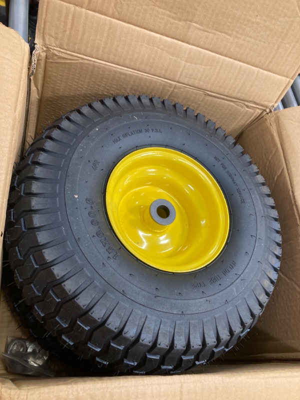 Photo 2 of (2 Pack) AR-PRO Exact Replacement 15" x 6.00 - 6" Front Tire and Wheel Assemblies for John Deere Riding Mowers - Compatible with John Deere 100 and D100 Series - 3” Hub Offset and 3/4” Bushings 15" x 6.00-6" Yellow