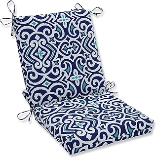 Photo 1 of Pillow Perfect Damask Indoor/Outdoor Solid Back 1 Piece Square Corner Chair Cushion with Ties, Deep Seat, Weather, and Fade Resistant, 36.5" x 18", Blue/White New Damask, 1 Count