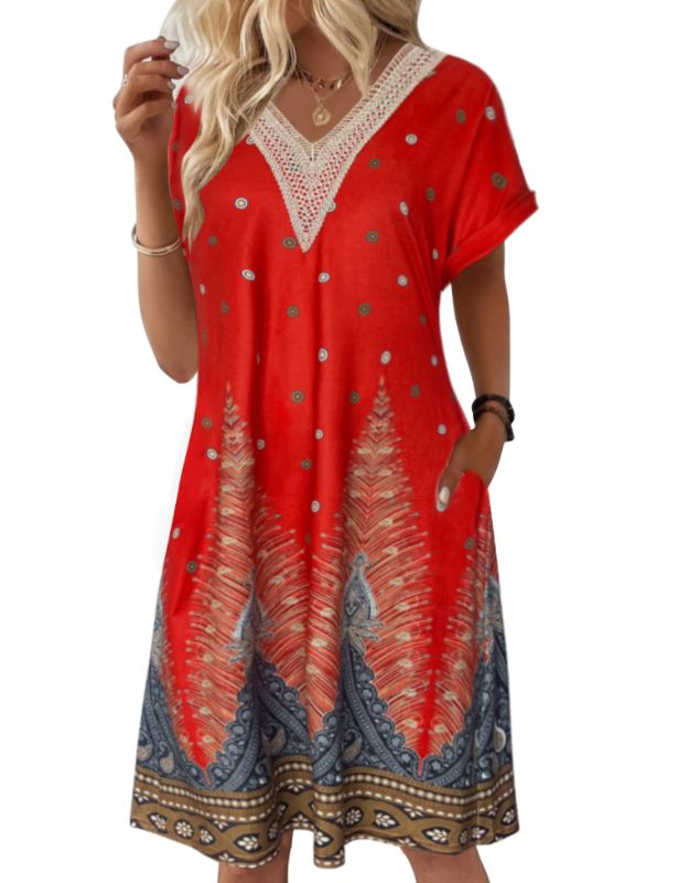 Photo 1 of Afifei Womens Cotton Nightgown House Dress with Pockets Moo Moo Nightgown Lace V Neck Mumu Short Sleeve Duster Lounge Dress Floral Red-Large