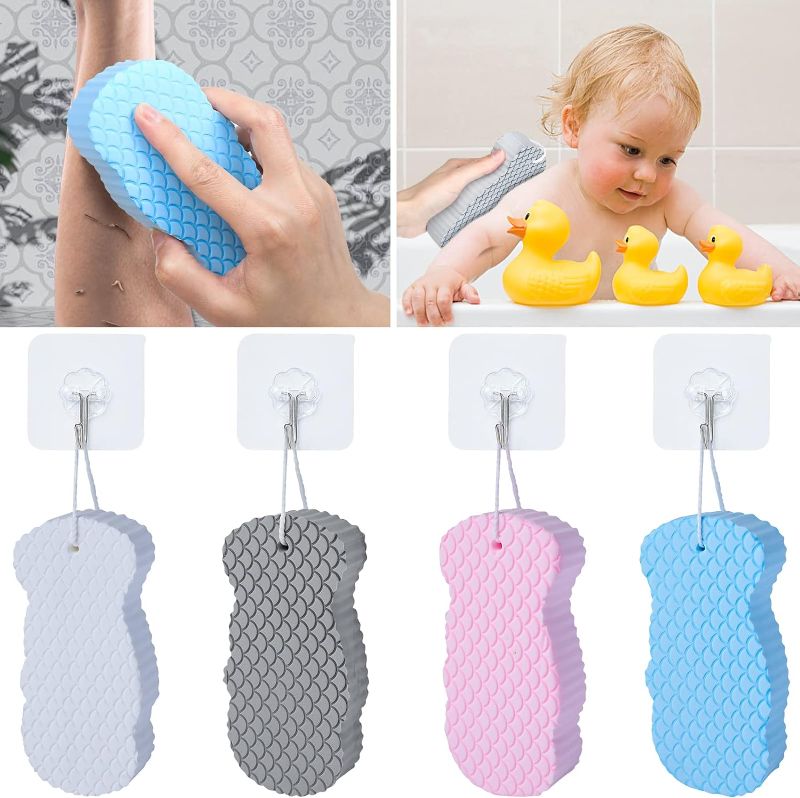 Photo 1 of 4Pcs Bath Sponge, Ultra Soft Exfoliating Sponge Body Shower Reusable Exfoliate Dead Skin Remover, Super Soft Exfoliating Bath Sponge with 4 Sticky Hooks for Men, Women, Adult and Children