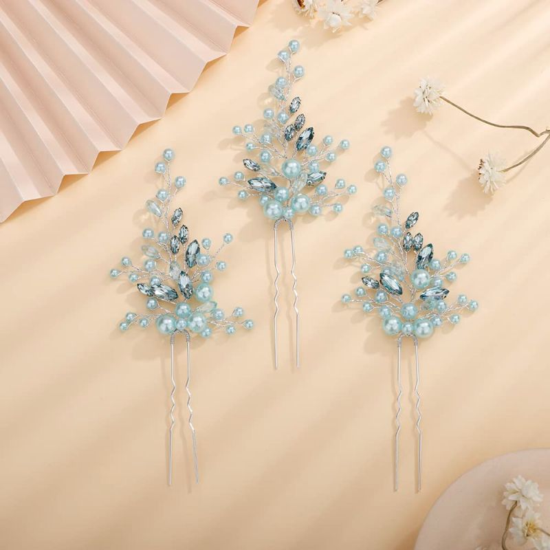 Photo 1 of Bride Wedding Crystal Pearls Hair Pins Vintage Pearl Hair Pins Set Bridal Rhinestone Hair Pieces Headpieces Vintage Hair Accessories Jewelry Set for Women Girls (Mint Green)