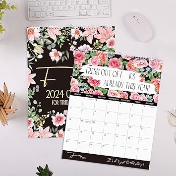 Photo 1 of SKYDUE 2024 Wall Calendar for Tired Women, Funny Sweary Calendar 2024 Wall, 11.5"x14.5" Hanging 2024 Calendar 12 Month Planner Spiral Bound Flower 2 Pack 