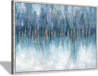 Photo 1 of Blue Abstract Art Canvas Painting: Hand Painted Heavy Textured Gold Foils Champagne Wall Art Framed for Walls (45'' x 30'' x 1 Panel)