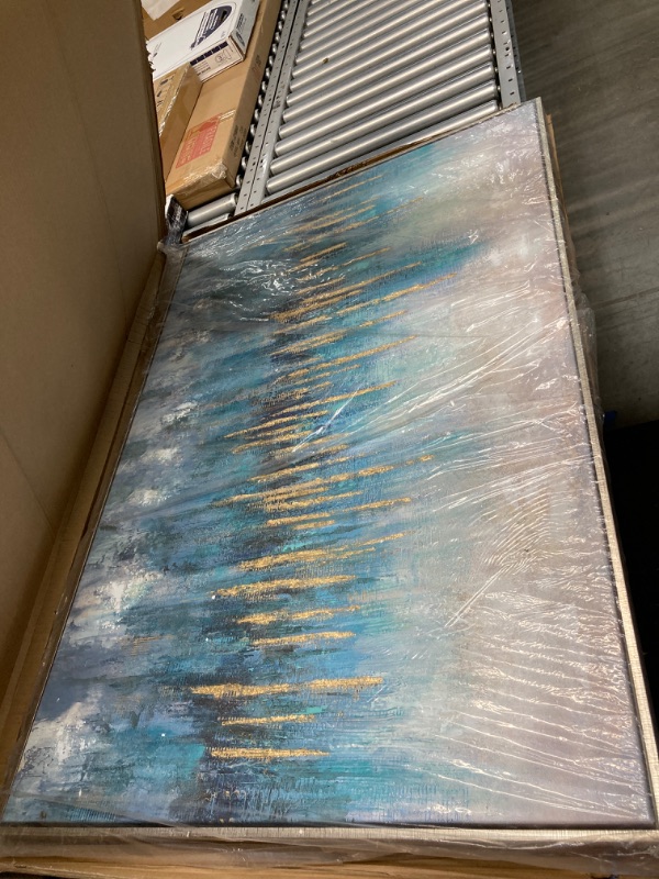 Photo 1 of Blue Abstract Art Canvas Painting: Hand Painted Heavy Textured Gold Foils Champagne Wall Art Framed for Walls (45'' x 30'' x 1 Panel)