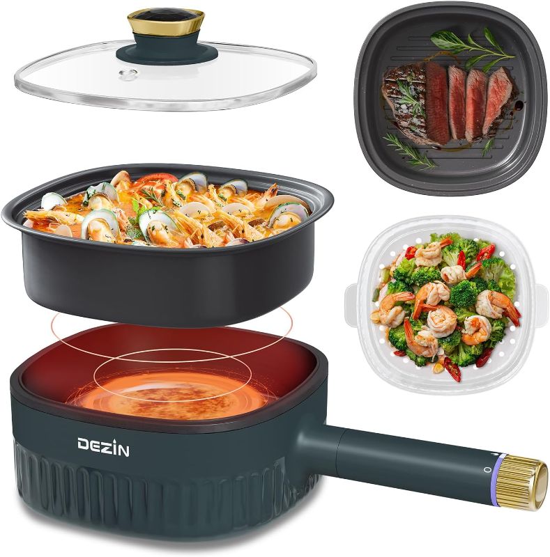 Photo 6 of DEZIN Hot Pot Electric 3L, Nonstick Electric Pot with 1 Grill Pan & 1 Steamer, 3-in-1 Electric Cooker with Dual Power Level for Dorm, Family & Friend Gathering, 1000W Portable Pot for Ramen/Steak/Soup H(Beige/BLACK  Steamer)