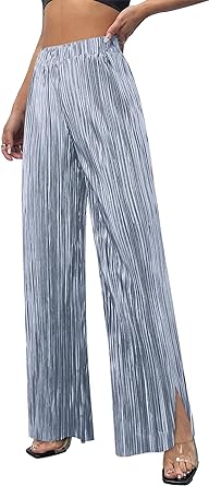 Photo 1 of Women's Wide Leg Pants Elastic High Waist Flowy Pleated Palazzo Dress Long Plisse Pants with Pockets 2xl 