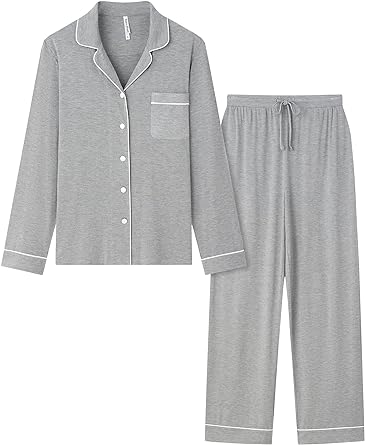 Photo 1 of Bamboo Pajamas for Women,Soft Long Sleeve Pajama & Long Pants With Pockets,Knit Button-up Sleepwear,Lounge Pjs Set//LARGE