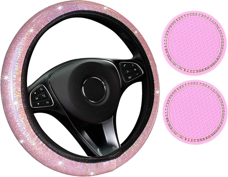 Photo 1 of 2 PIECE BUNDLE!Pink Steering Wheel Covers for Car, Stretchy Bling Steering Wheel Cover for Women & Girls & Men, Universal 15 Inches Girls Car Accessories with 2 Pack Car Coasters for Cup Holders
