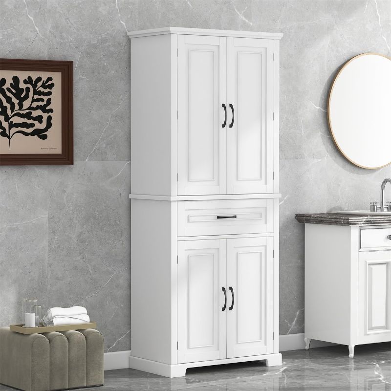 Photo 1 of 38.58 *18.31 *17.91 Tall Storage Cabinet with 4 Doors and Drawer, Freestanding Linen Cabinet, Wooden Pantry with Adjustable Shelf for Kitchen, Bathroom, Living Room, White https://a.co/d/3p3C2wB