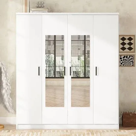 Photo 1 of  4 Doors Mirror Wardrobe, Large Freestanding Armoire Wardrobe Closet with Drawer, Shelves and Hanging Rod, Bedroom Armoires Dresser Wardrobe Cabinet Clothing Organizer, White