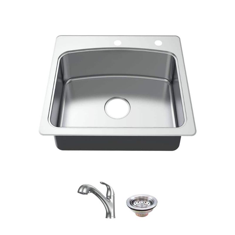 Photo 1 of 25 in. Drop-in Single Bowl 20 Gauge Stainless Steel Kitchen Sink with Pull-Out Faucet
