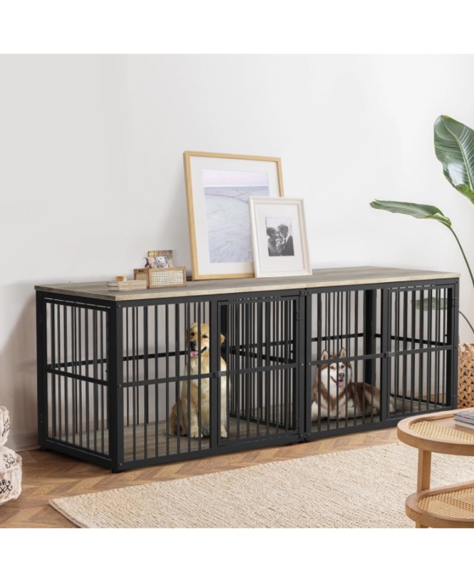 Photo 1 of 86.62''Dog Crate Furniture Large Breed TV Stand with Double Rooms,Wooden Dog Kennel Dog Crate End Table with Removable Divider for 2 Large Medium Dogs, Can Use Separately