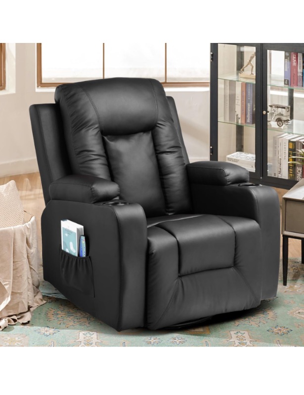 Photo 1 of COMHOMA Recliner Chair, PU Rocking Chair for Adults, Swivel Recliner with Cup Holders, Heat and Massage, Single Sofa Seat with Side Pockets for Living Room, Bedroom (Black)