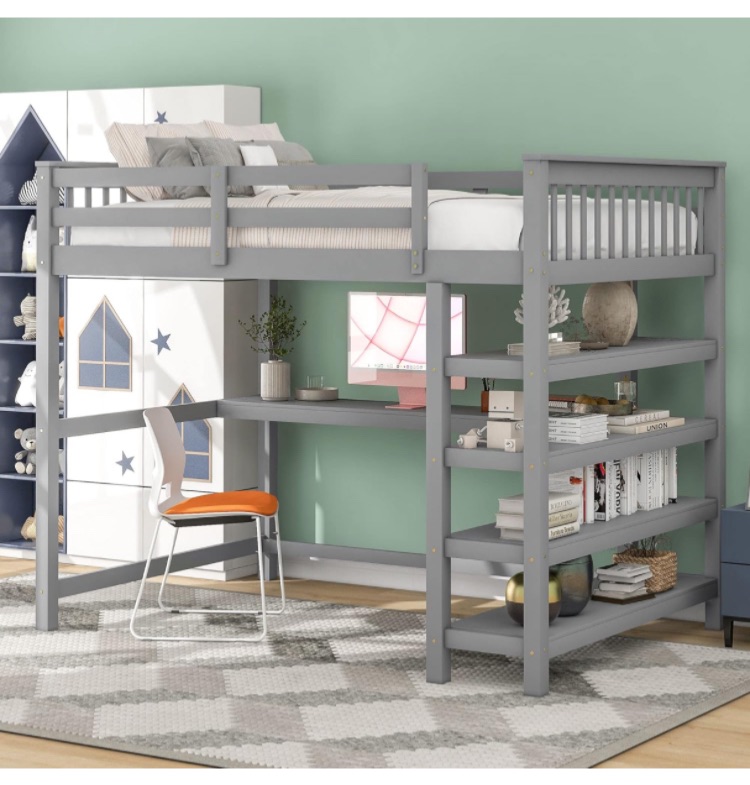 Photo 1 of Merax Wood Loft Bed with Desk : Full Size Loft Bed with 4-Storage Shelves and Under Bed Desk Solid Wood Bed, Grey