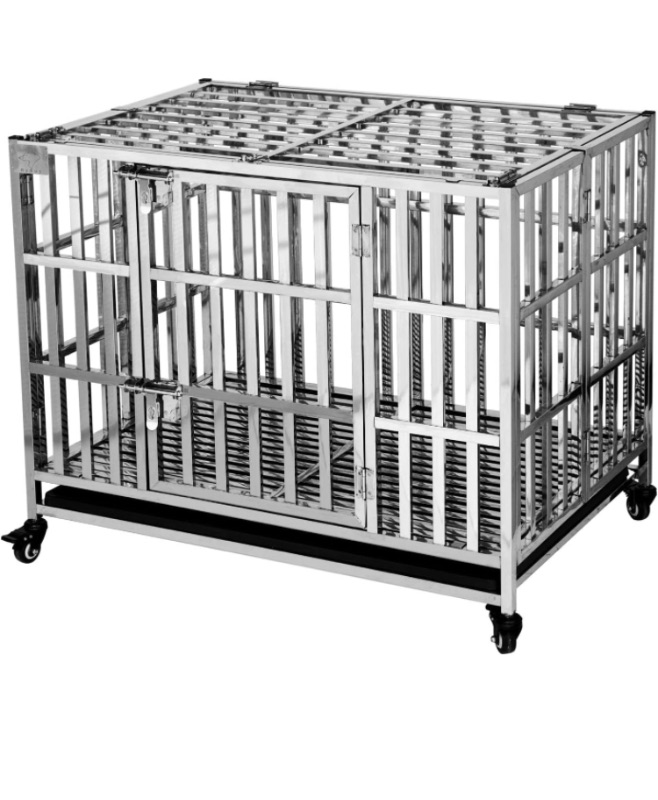 Photo 1 of 37" Heavy Duty Dog Crate Foldable Stackable Stainless Steel Kennel Cage for Small Dogs with Removable Tray