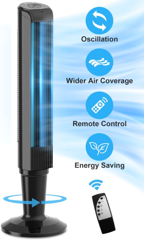 Photo 1 of iFanze 36" Tower Fan for Bedroom, Portable Space-Saving 60° Oscillating Cooling Fan with Remote, 3 Speeds, 3 Modes Quiet Bladeless Fan for Room, Kitchen Living Home, Office
